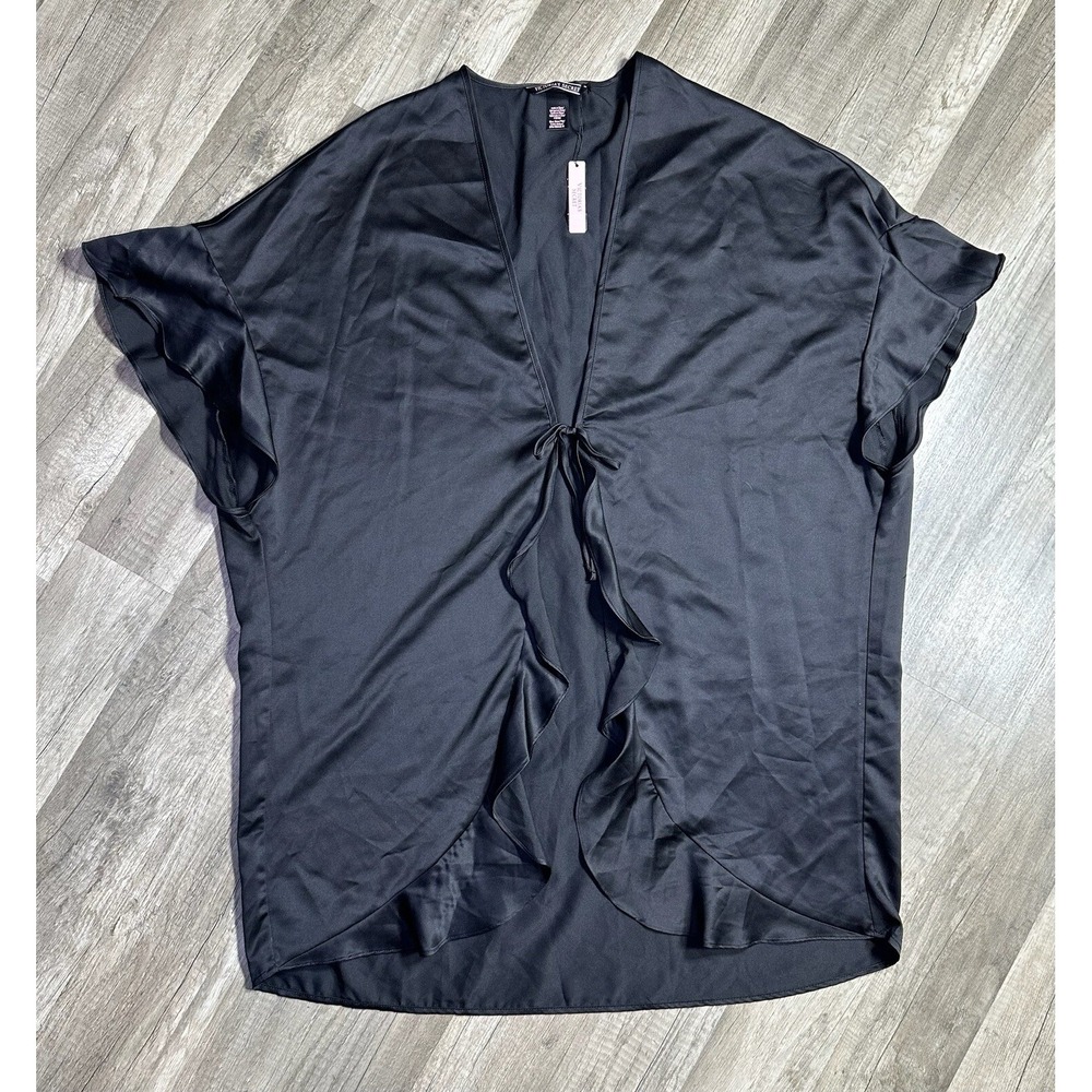 Victoria's Secret Black Robe Satin Kimono Short Sleeve One Size Sexy Cape Love‎